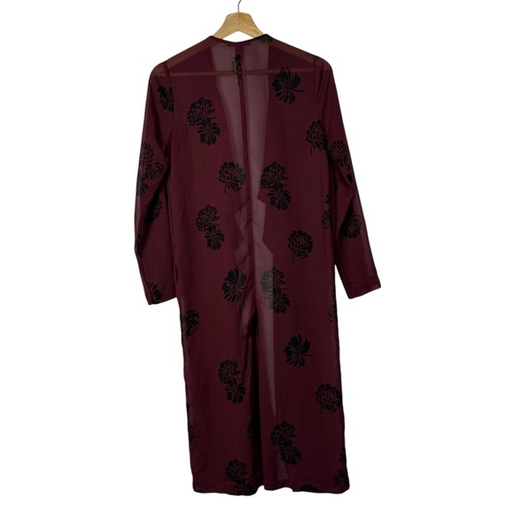 Forever 21 Burgundy Red Floral Sheer Longline Boho Kimono S - Picture 2 of 4